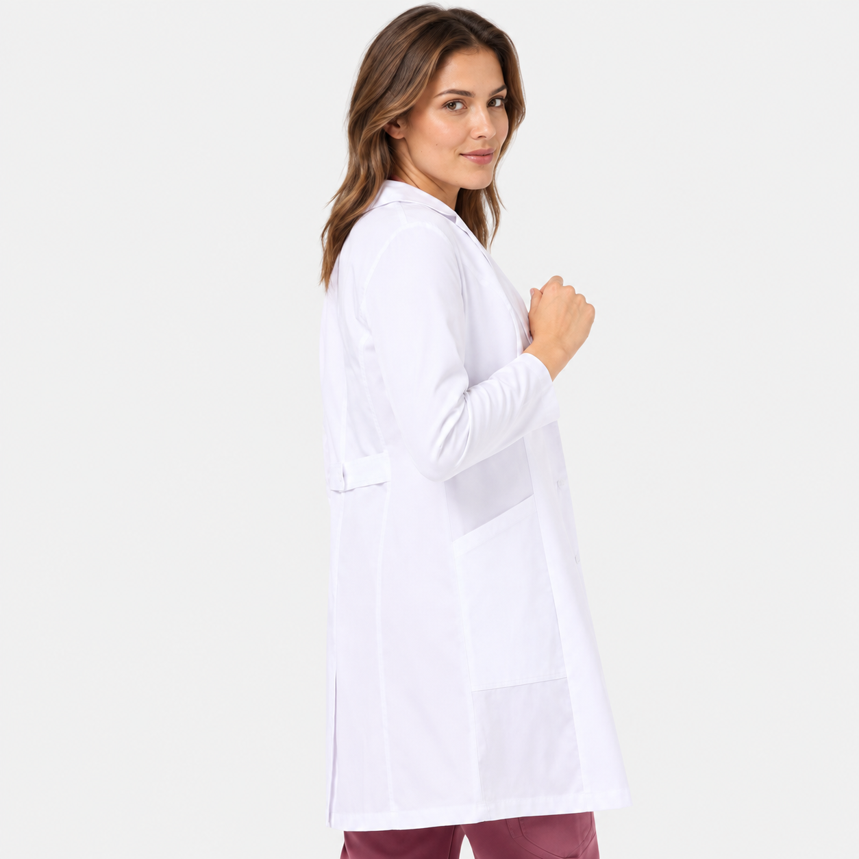 Blouse médicale femme longue Mia, couleur blanc, profil