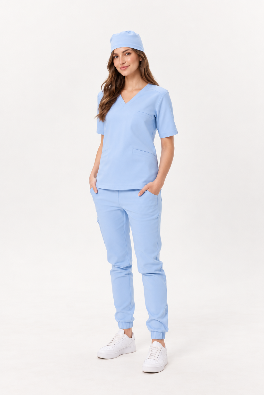 Pantalon médical femme jogger Sara, couleur bleu pastel, devant