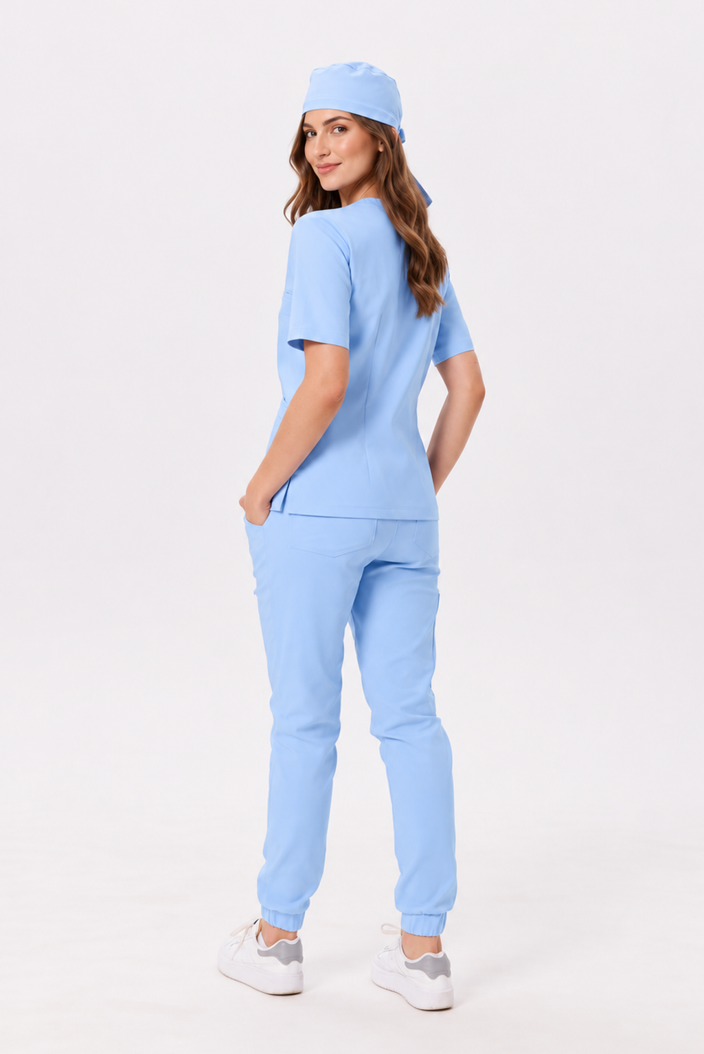 Pantalon médical femme jogger Sara, couleur bleu pastel, dos