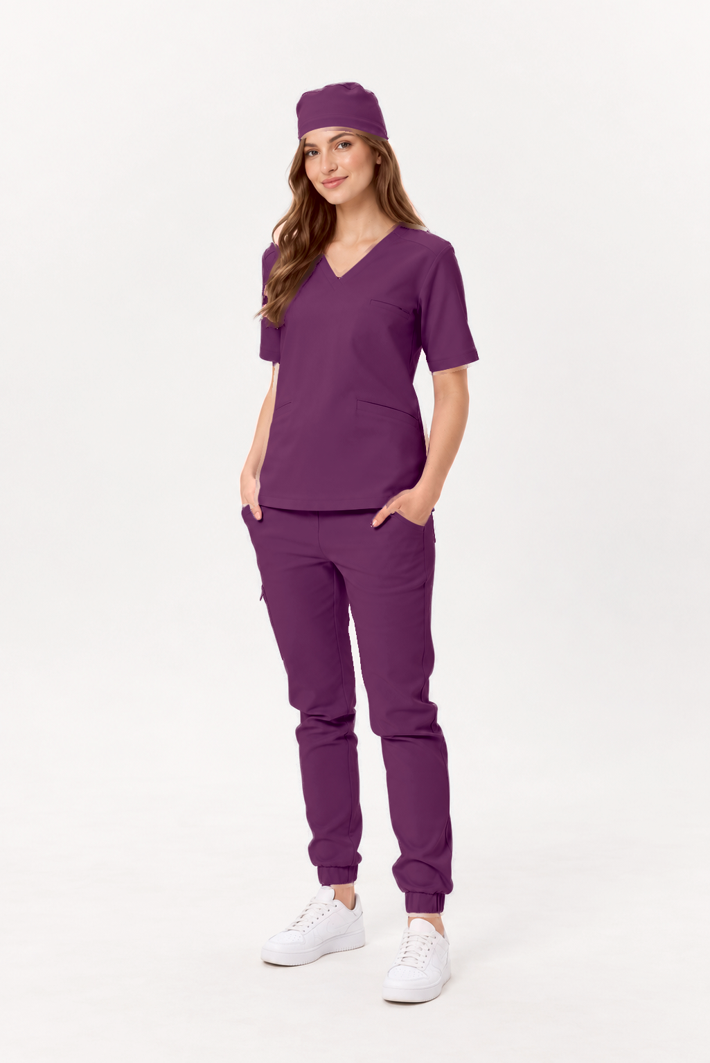 Pantalon médical femme jogger Sara, couleur prune, devant