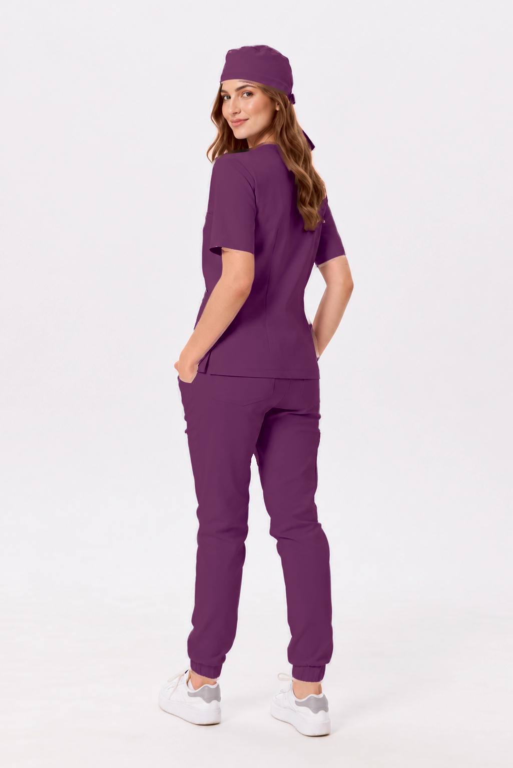 Pantalon médical femme jogger Sara, couleur prune, dos