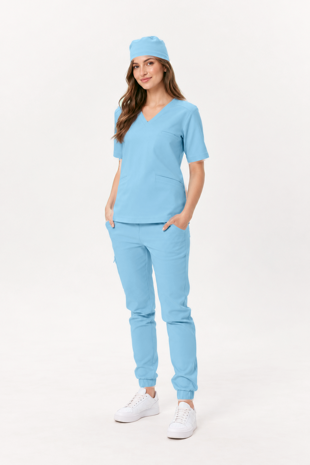 Pantalon médical femme jogger Sara, couleur bleu ciel, devant