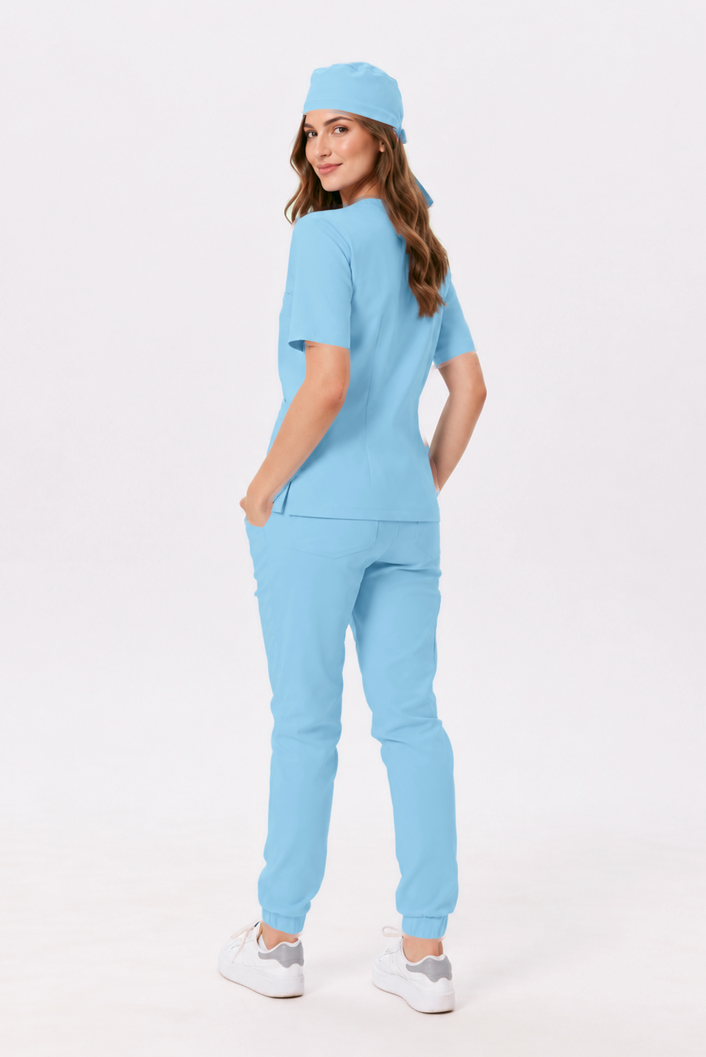 Pantalon médical femme jogger Sara, couleur bleu ciel, dos