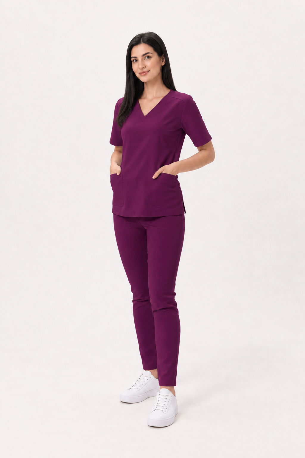 Pantalon médical femme skinny Ella, couleur prune, devant