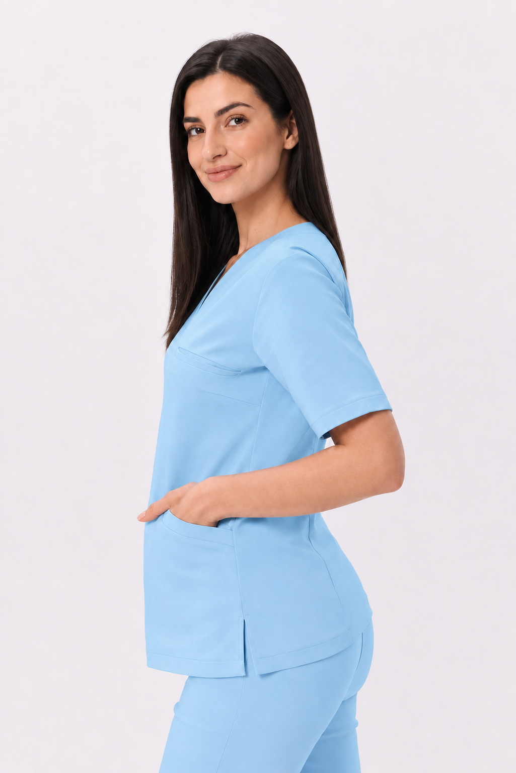 Pantalon médical femme skinny Ella, couleur bleu ciel, trois-quarts