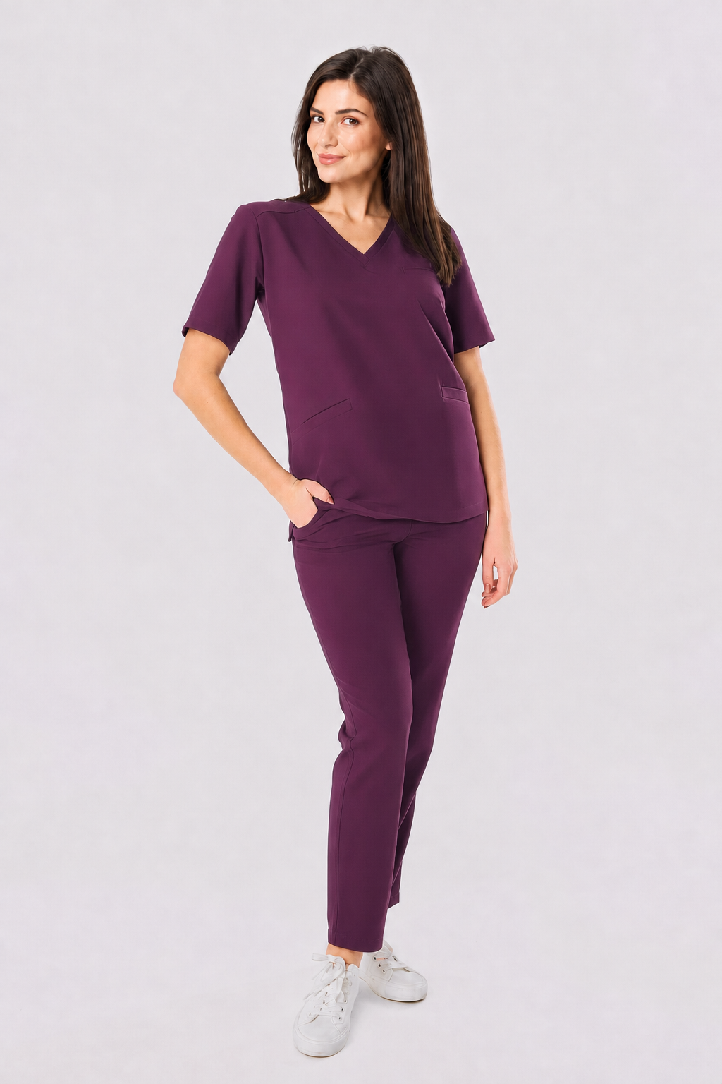 Pantalon médical femme droit Zara, couleur aubergine, devant