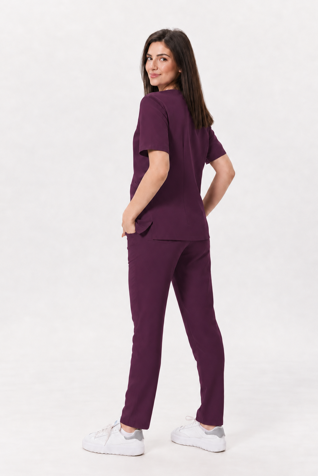 Pantalon médical femme droit Zara, couleur aubergine, dos