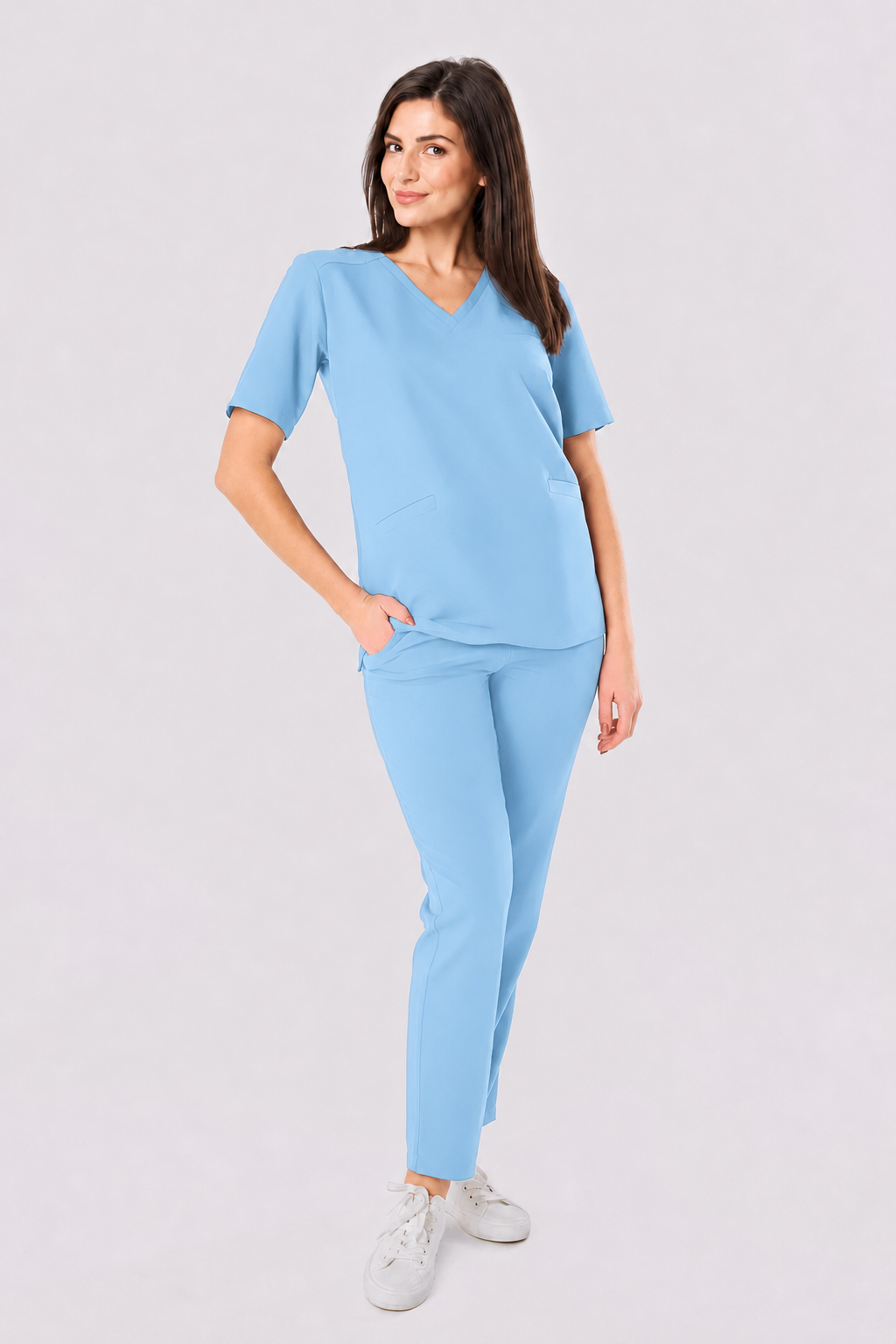 Pantalon médical femme droit Zara, couleur bleu ciel, devant