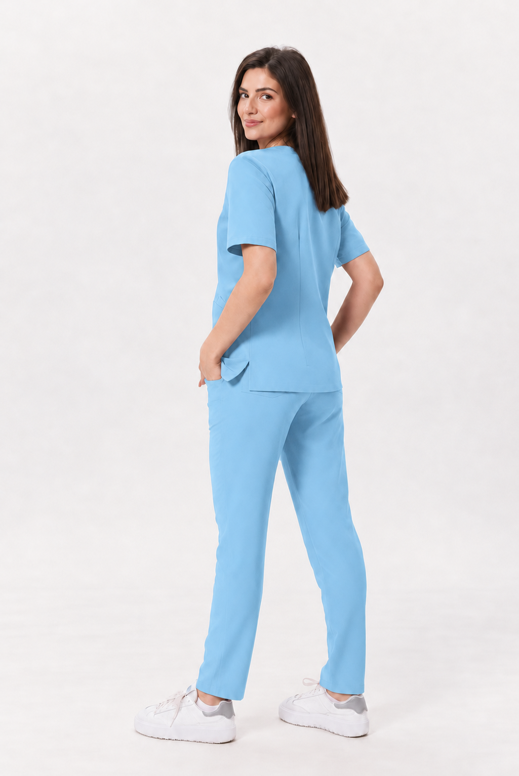 Pantalon médical femme droit Zara, couleur bleu ciel, dos