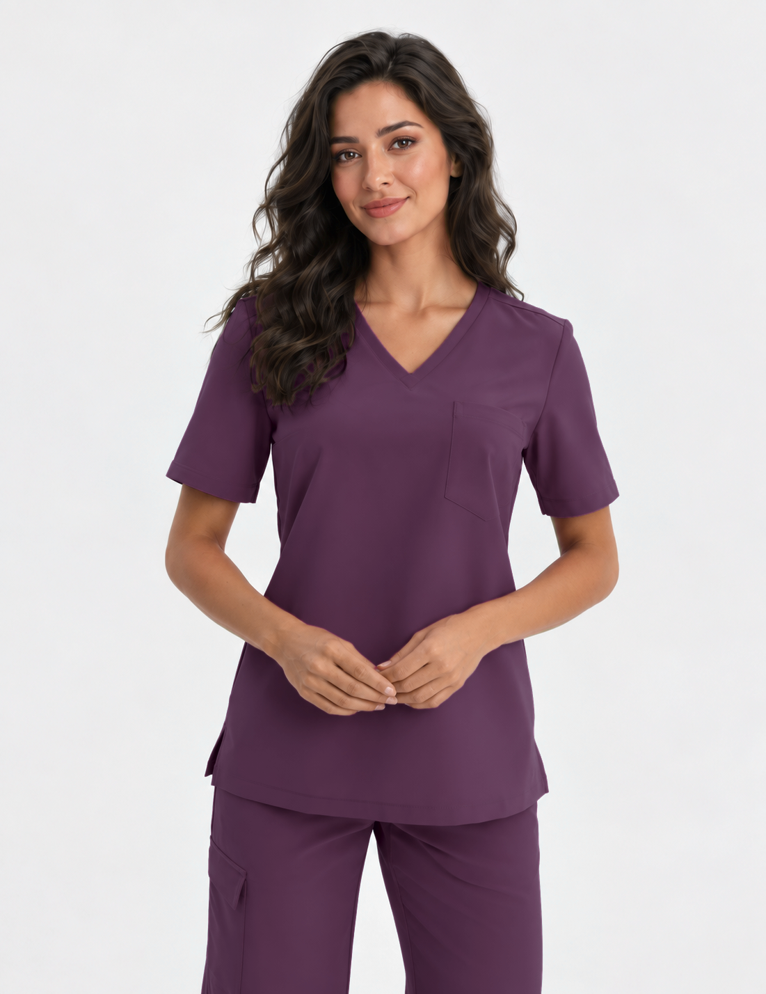 Tunique médicale femme col V Aura, couleur aubergine, devant