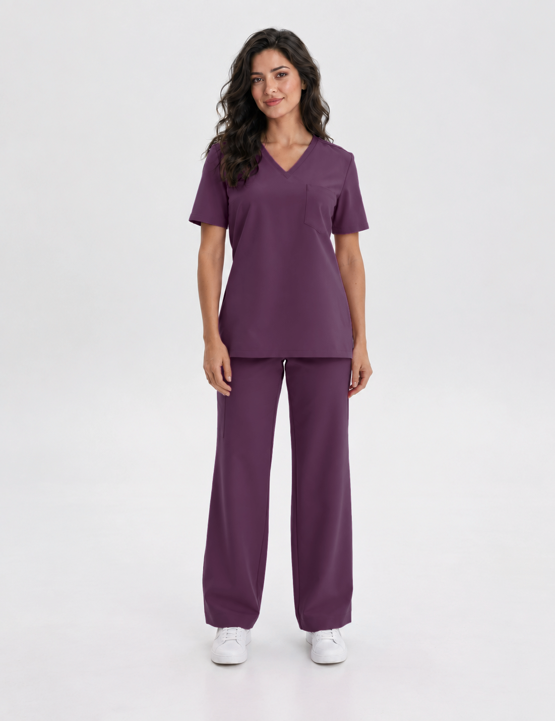 Tunique médicale femme col V Aura, couleur aubergine, devant