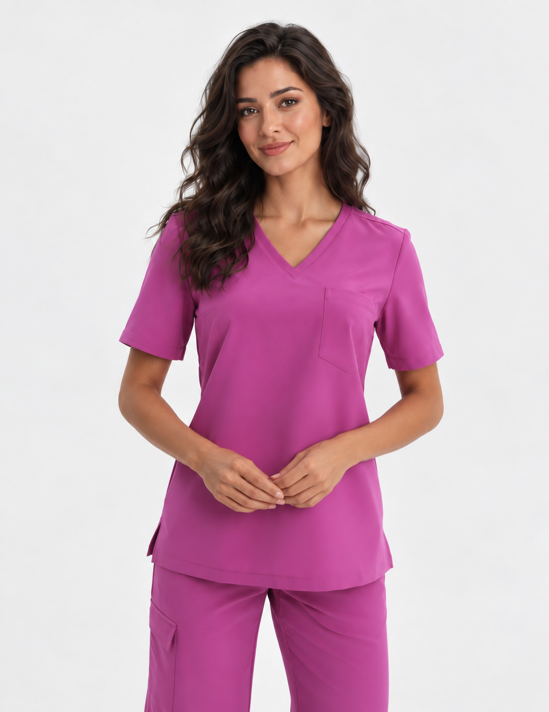 Tunique médicale femme col V Aura, couleur amarante, devant