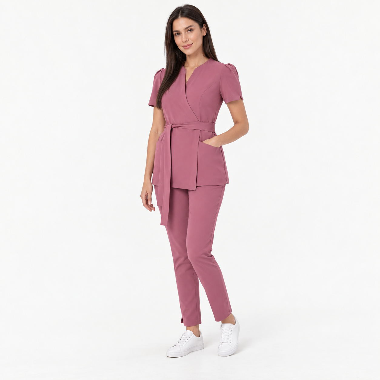 Tunique longue femme cache-cœur Cleo, couleur vieux rose, trois-quarts