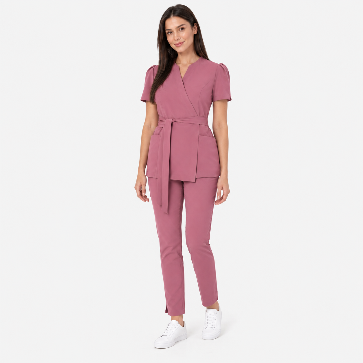 Tunique longue femme cache-cœur Cleo, couleur vieux rose, devant