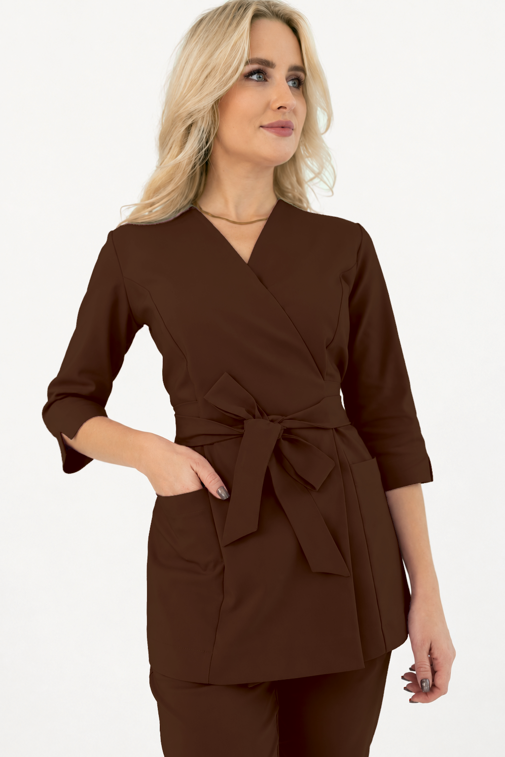Tunique longue femme cache-cœur Ana, couleur chocolat noir, devant