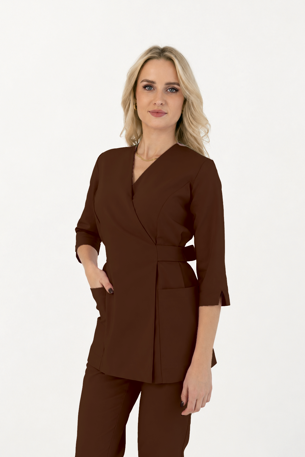 Tunique longue femme cache-cœur Ana, couleur chocolat noir, trois-quarts