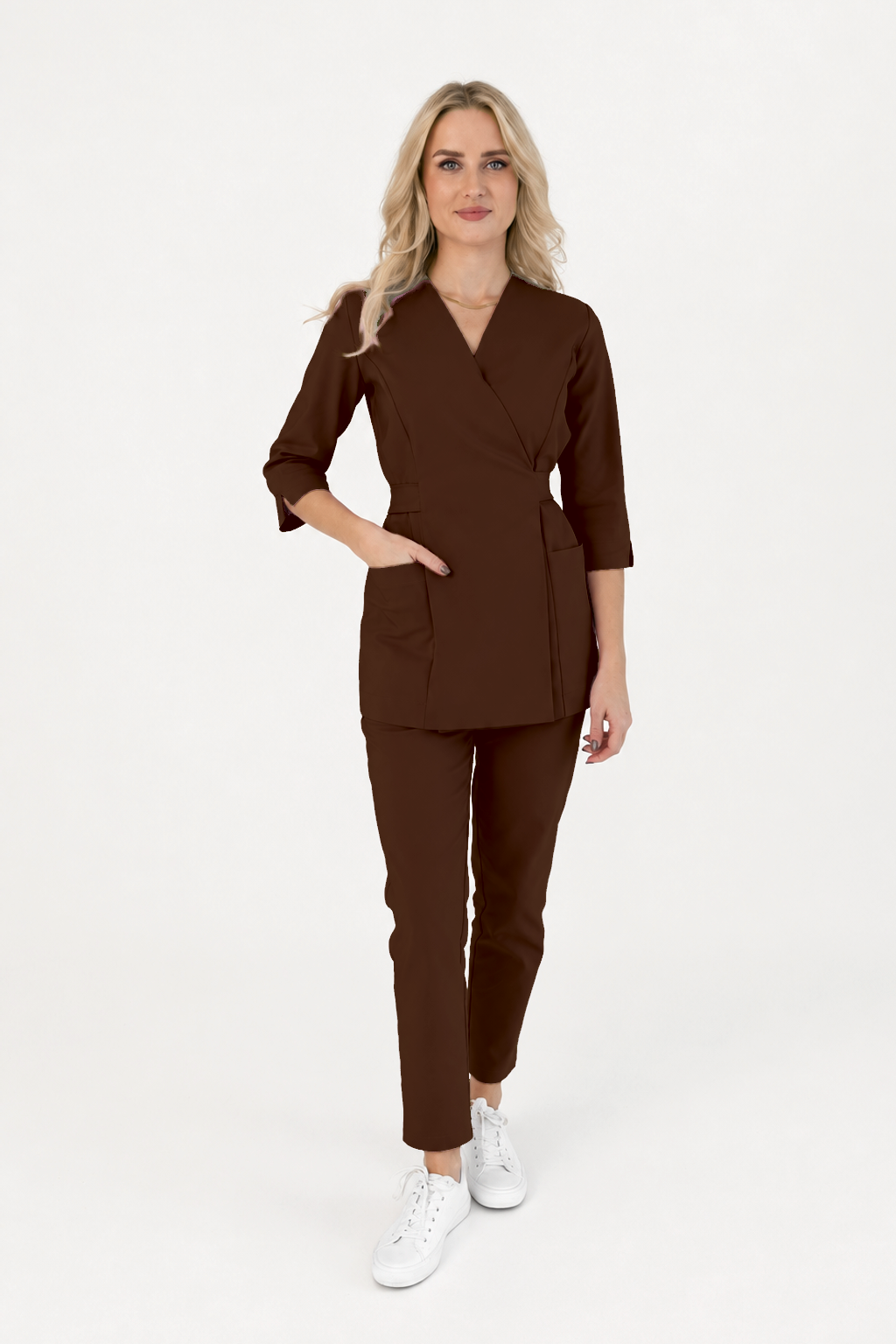 Tunique longue femme cache-cœur Ana, couleur chocolat noir, devant
