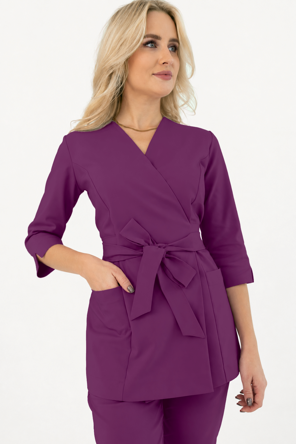 Tunique longue femme cache-cœur Ana, couleur prune, devant