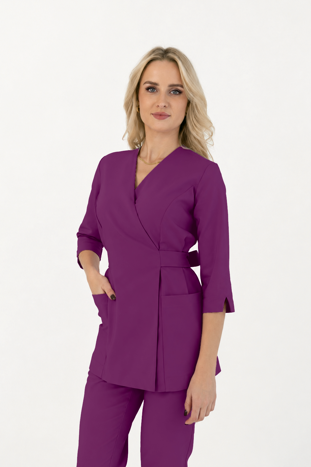Tunique longue femme cache-cœur Ana, couleur prune, trois-quarts