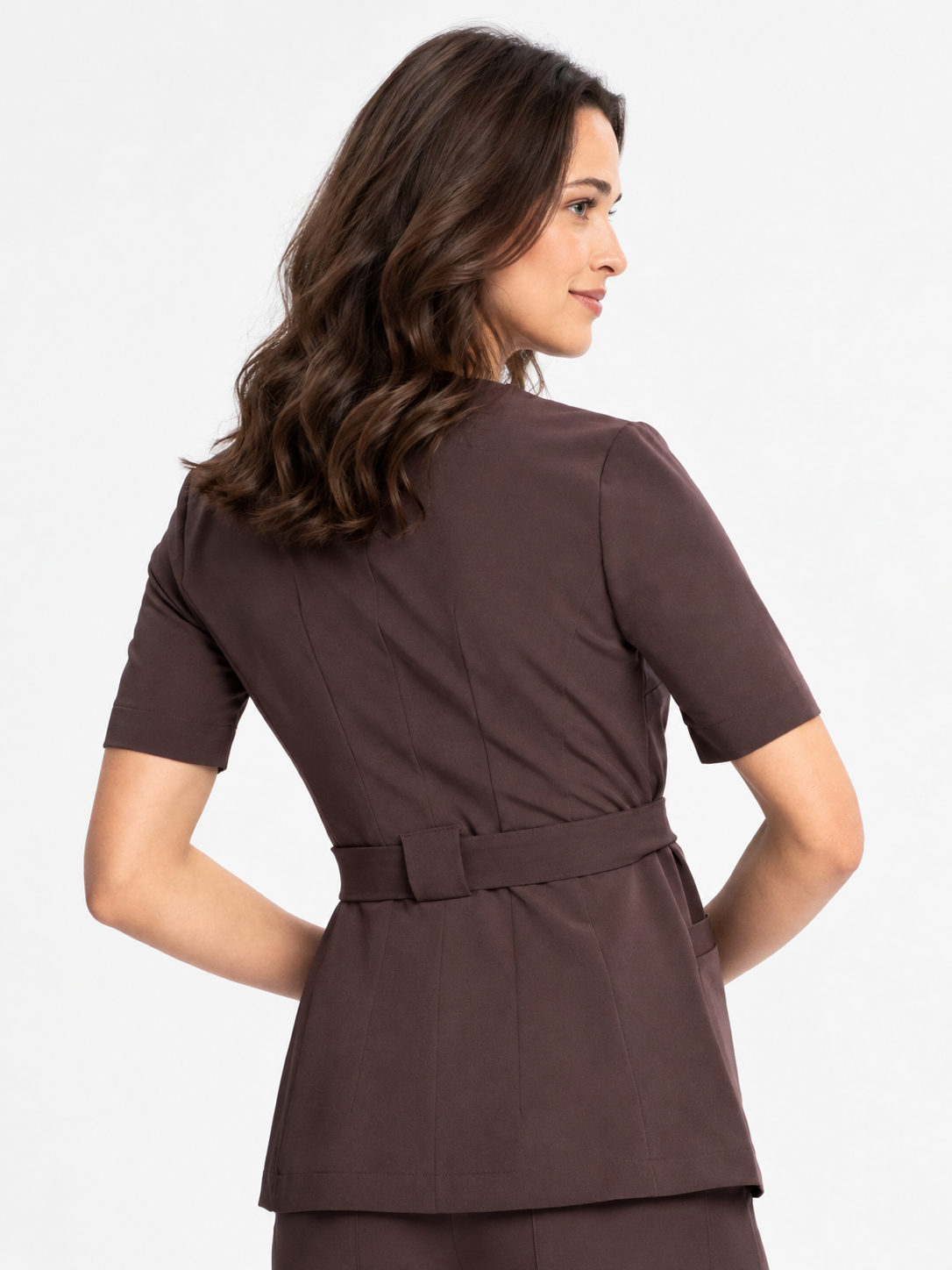 Tunique longue femme cache-cœur Emma, couleur chocolat noir, dos