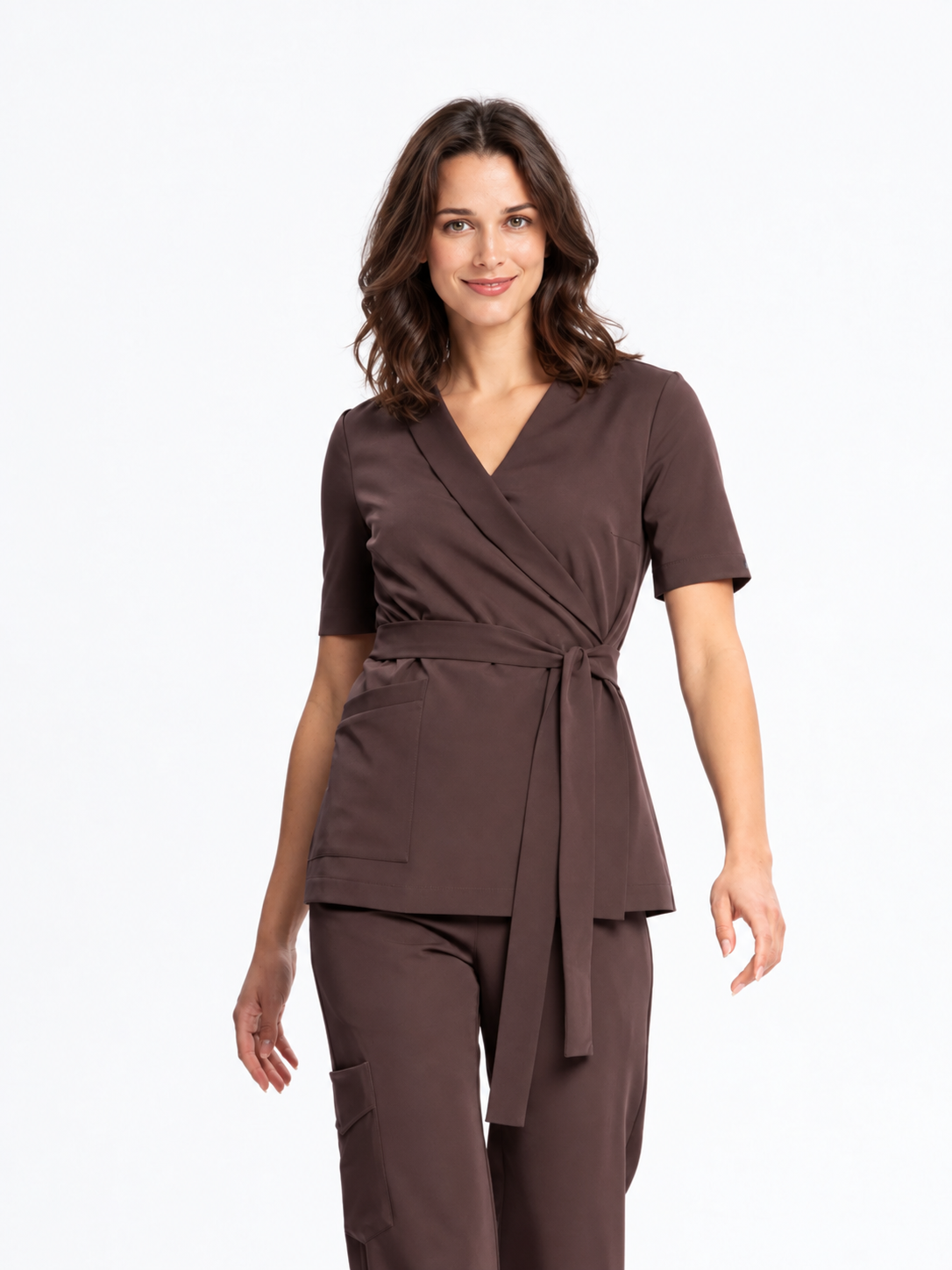 Tunique longue femme cache-cœur Emma, couleur chocolat noir, devant