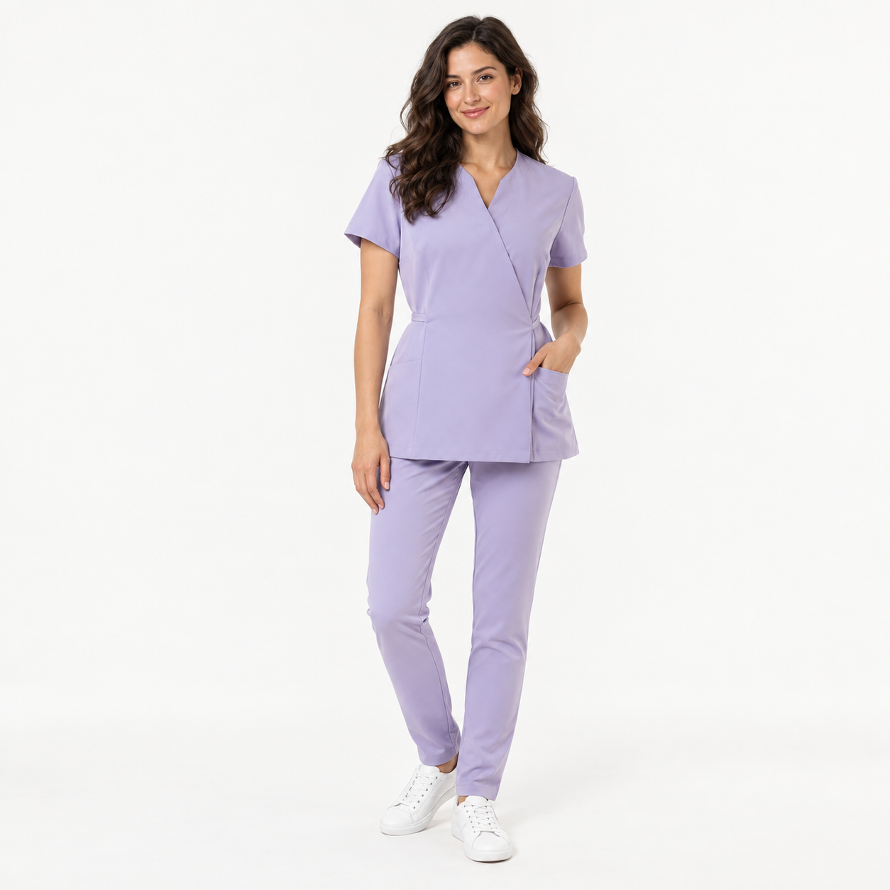 Tunique longue femme cache-cœur Nela, couleur lilas, devant