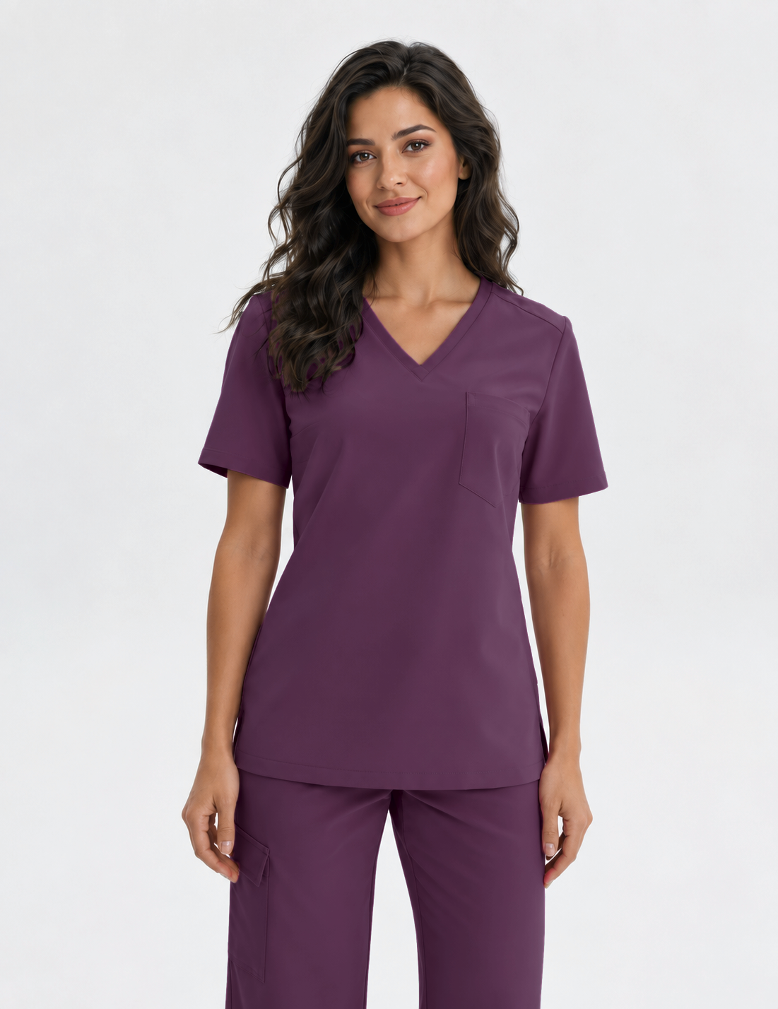Tunique médicale femme col V Aura, couleur aubergine, devant