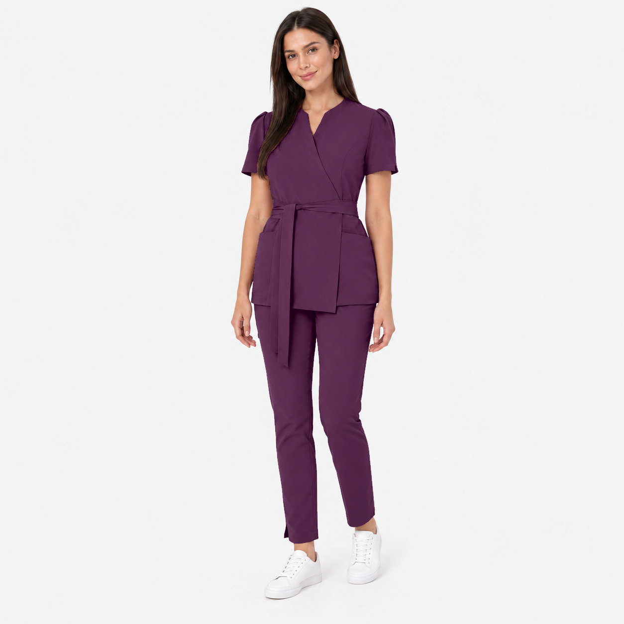 Tunique longue femme cache-cœur Cleo, couleur aubergine, devant