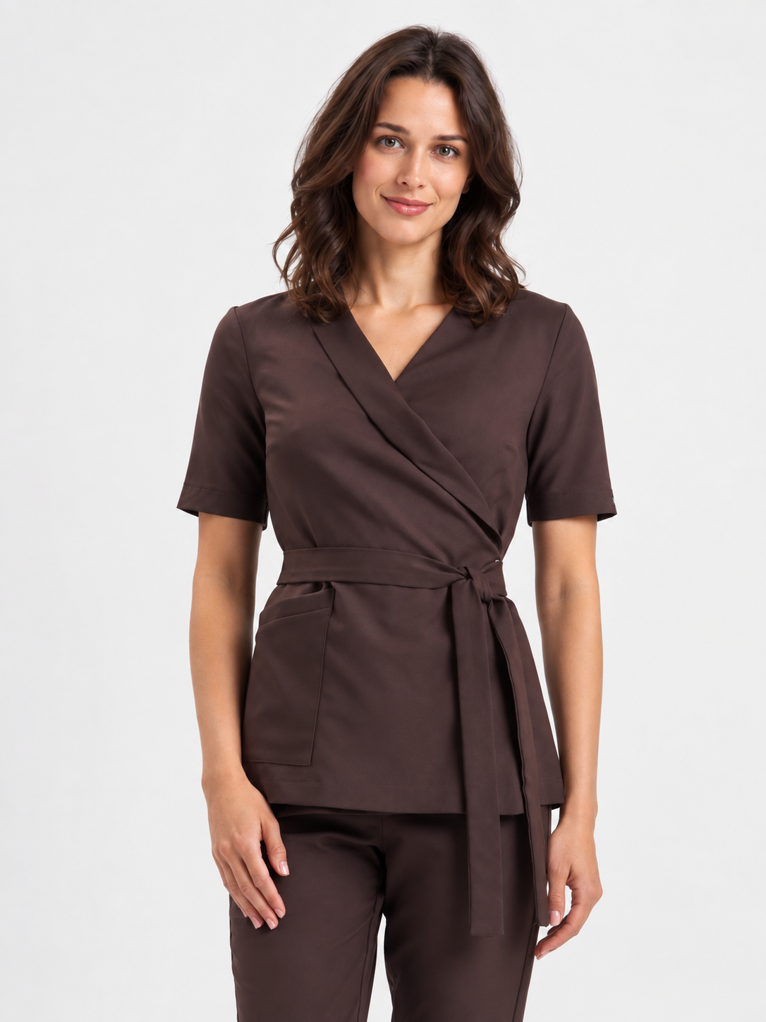 Tunique longue femme cache-cœur Emma, couleur chocolat noir, devant